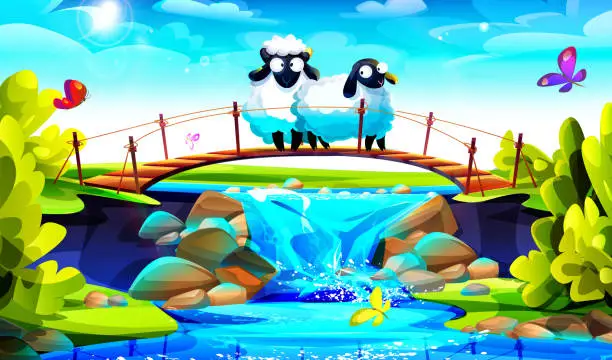 Vector illustration of Summer vacation concept in cartoon style. Cheerful sheep on the bridge near the waterfall with butterflies on a sunny summer day.
