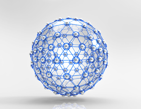 3D sphere with global line connections. Wireframe polygonal mesh shape.