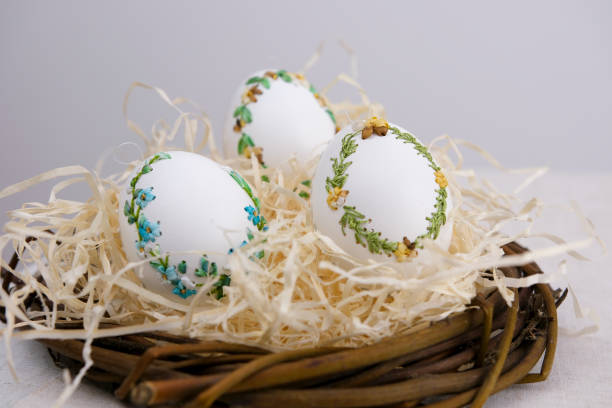 istock banner a lot of space for text coffee background Easter eggs decorated with painted embroidery ribbons on eggshell in nest three white eggs then on shavings advertising invitation postcard bigboard 1469152158