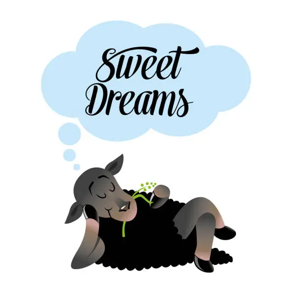 Vector illustration of Cute Dark Sheep Lamb Sweet Dreams Insomnia Concept