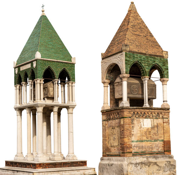 Medieval Tombs in Bologna downtown, isolated on white background. Piazza San Domenico, Emilia-Romagna, Italy, Europe. Tomb of Rolandino dei Passaggeri and the glossator Egidio Foscherari (jurist).