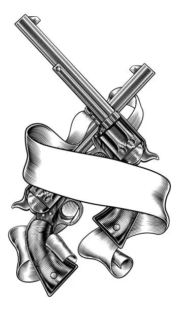 Vector illustration of Gun Pistol Western Revolver Vintages Scroll Banner