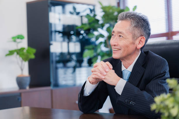 A smiling company executive in the boardroom stock photo