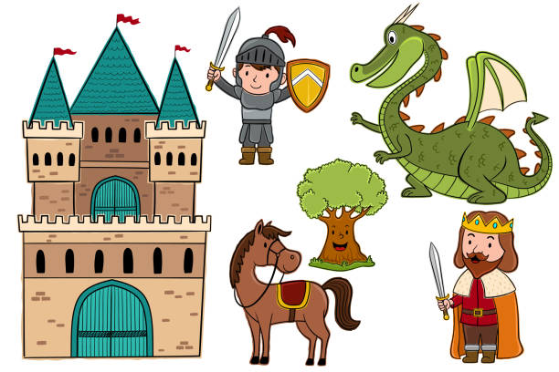 만화 세트 동화 캐릭터의 벡터 일러스트 레이 션 - picture book fairy tale castle dragon stock illustrations