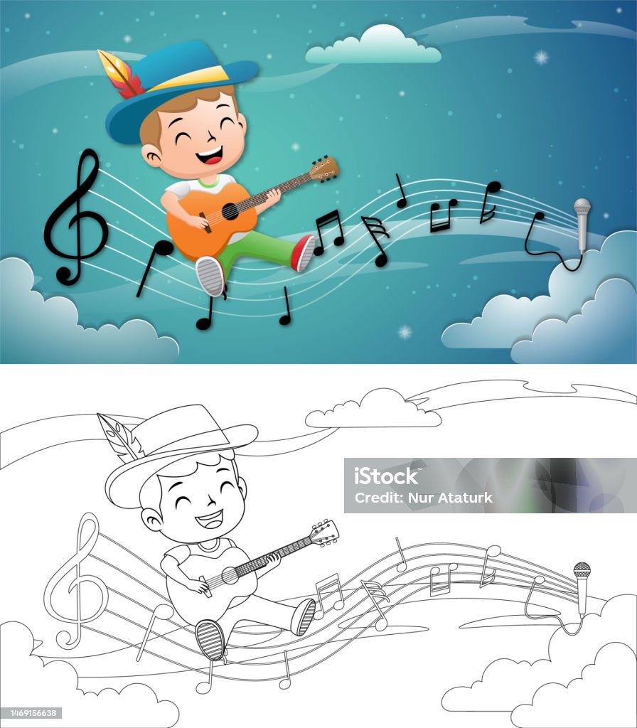 Menino dos desenhos animados que joga a música e que canta