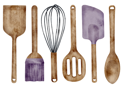 Watercolor Baking Utensils Set Hand Drawn Wooden Spatula Pastry Brush Whisk  Silicone Spatula And Mixing Spoon Isolated On White Background Kitchenware  Illustration For Recipe Book Menu Design Stock Illustration - Download Image