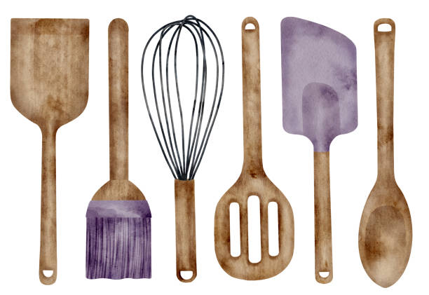 Watercolor Baking Utensils Set Hand Drawn Wooden Spatula Pastry Brush Whisk  Silicone Spatula And Mixing Spoon Isolated On White Background Kitchenware  Illustration For Recipe Book Menu Design Stock Illustration - Download Image
