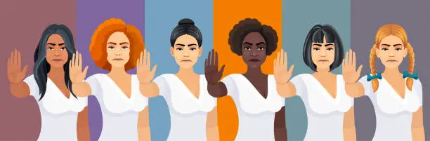 Vector illustration of Multi-ethnic group of women showing stop gesture.