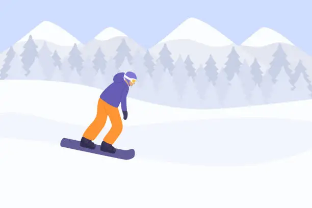 Vector illustration of Male Snowboarder Sliding Downhill On Ski Slope