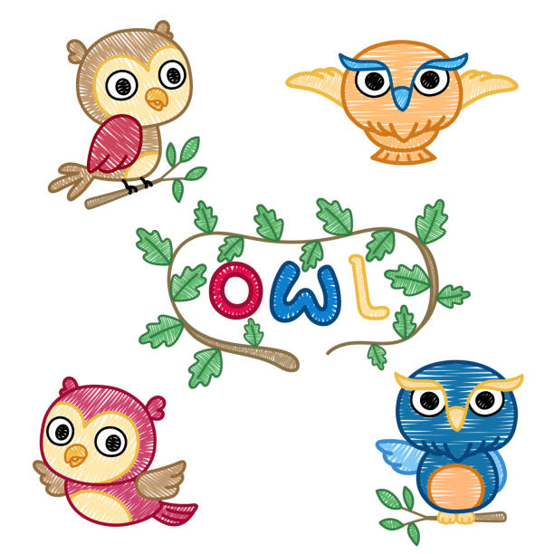 ilustracja wektorowa kreskówki sów w linii koncepcji haftu - owl clover stock illustrations