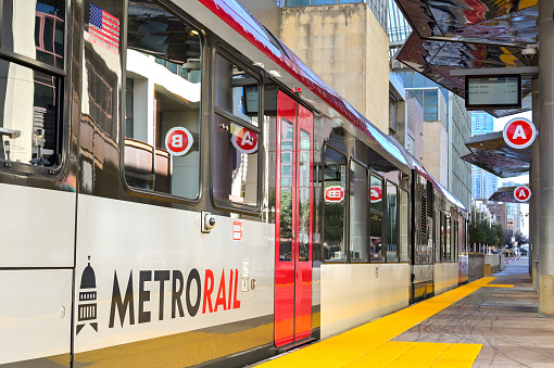 Austin, Texas, USA - February 2023: Commuter train at the Metrorail Downtown railway station in the city centre