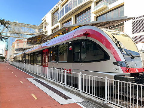 Austin, Texas, USA - February 2023: Commuter train at the Metrorail Downtown railway station in the city centre