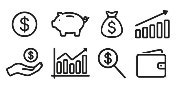 ilustrações de stock, clip art, desenhos animados e ícones de set of money line icons. contains icons profit, expenses, income tax, pension fund, piggy bank, loan, income protection, profit and loss - retirement investment capital letter text