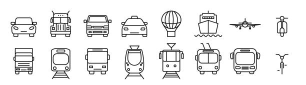 ilustraciones, imágenes clip art, dibujos animados e iconos de stock de conjunto de iconos vectoriales de línea fina de tipo transporte - trolley bus