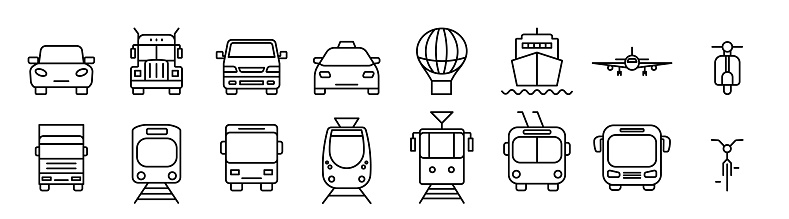 Set of transport type thin line vector icons