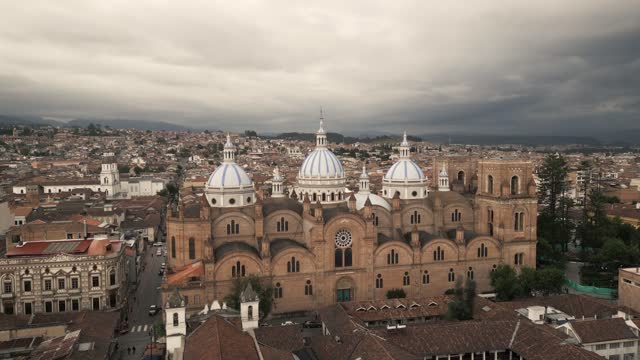 Cathedral of the Immaculate Conception, Aerial Drone Above Cuenca, Ecuador, City Center, Historical Buildings, Travel and Tourism in Latin America, Colonial Architecture