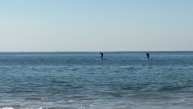 two Young mans are standing on a swimming board and paddling in Cascais.
