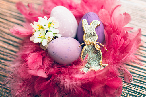 Colorfull close up of a still life of different purple Easter eggs in a pink feather nest with almond blossoms and a metallic colored Easter bunny shape on a rustic wooden background. Color editing with added grain. Very selective and soft focus. Part of a series.