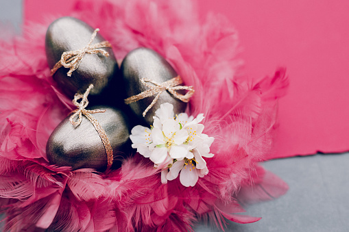 Close up of dark metallic Easter eggs in a pink feather nest with almond blossoms and a red handcraft paper. Color editing with added grain. Very selective and soft focus. Part of a series.