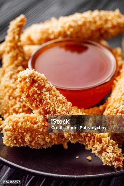 Delicious Crispy Panko Shrimp On A Black Wooden Rustic Background Stock Photo - Download Image Now