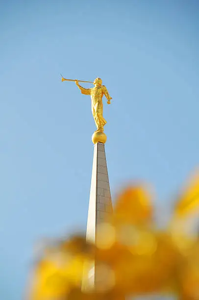 A shot of the Angel Moroni statue atop the Spire of The Oquirrh Mountain Utah Temple.