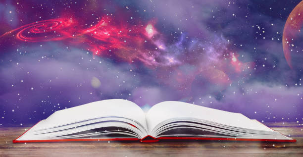 istock Open book with glitter overlay and beautiful universe on background 1469168922