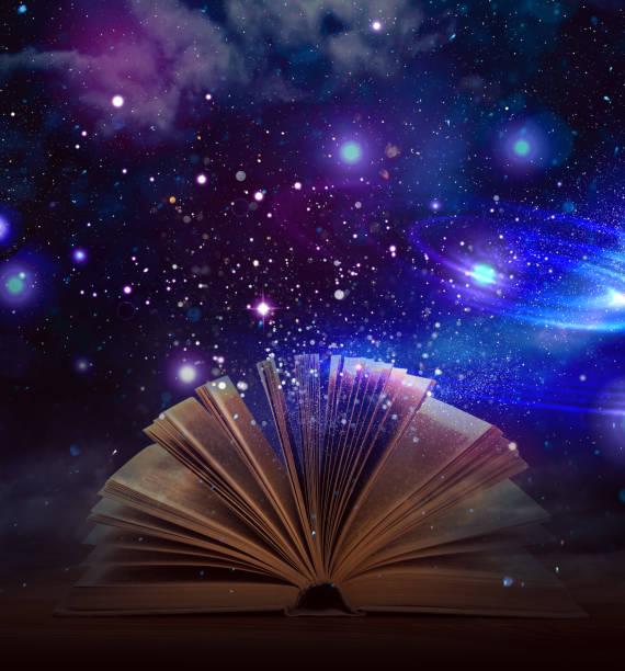 istock Open book with glitter overlay and beautiful universe on background 1469169006