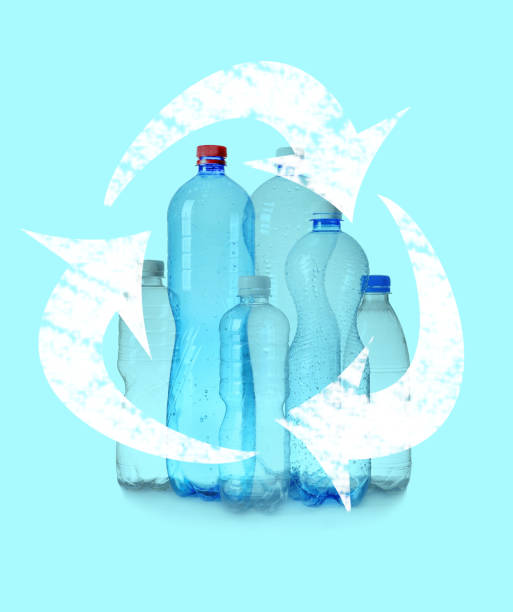 istock Illustration of recycling symbol and empty plastic bottles on turquoise background 1469169104