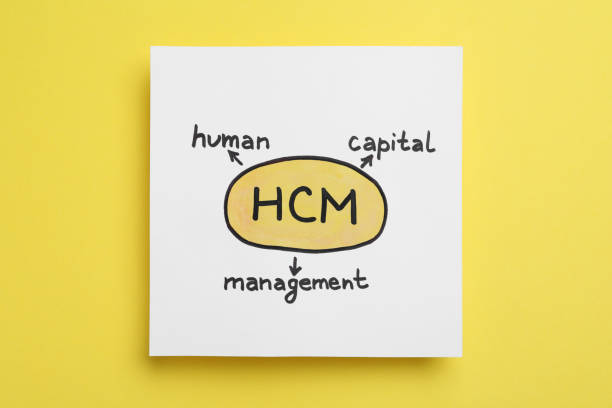 istock Paper with hCM abbreviation and its interpretation (Human Capital Management) on yellow background, top view 1469169522