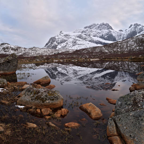 istock Snowcapped mountain range with a pond in Lofoten. 1469171552