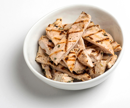 Cooked grilled chicken breast pieces in bowl on white background.