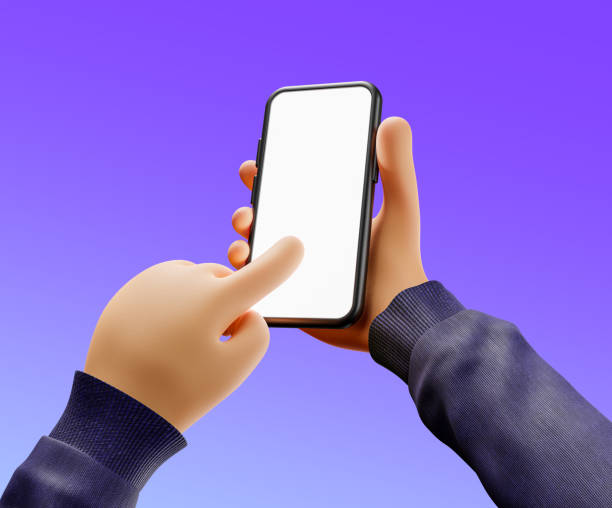 istock Cartoon hands use smartphone with blank screen - finger touching on phone screen - 3d illustration 1469171598