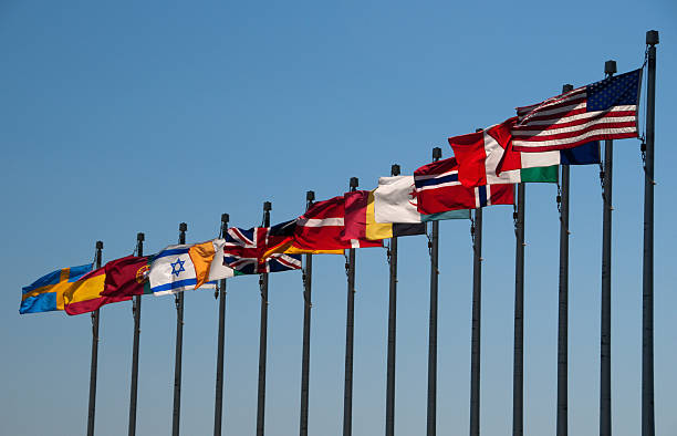 istock A row of multi national flags blowing in the wind under sky 146917303