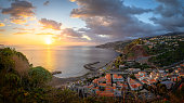 Landscape with Ribeira Brava town at sunset, Madeira island,