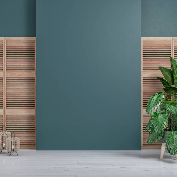 istock Cozy retro-chic interior with a large blank wall background, slat doors and potted plants, the 50s- 60s decoration 1469180297