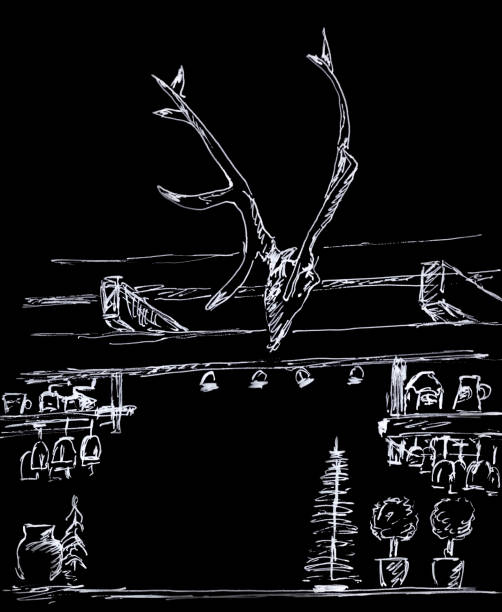 illustrazioni stock, clip art, cartoni animati e icone di tendenza di interno del caffè con corna di cervo, disegno grafico bianco su sfondo nero - deer stag wall animal head