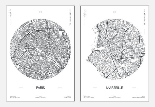 ilustraciones, imágenes clip art, dibujos animados e iconos de stock de cartel de viaje, plano urbano del plano de la ciudad parís y marsella, ilustración vectorial - marselle