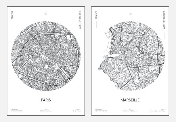 illustrazioni stock, clip art, cartoni animati e icone di tendenza di poster di viaggio, pianta urbana della città di parigi e marsiglia, illustrazione vettoriale - paris