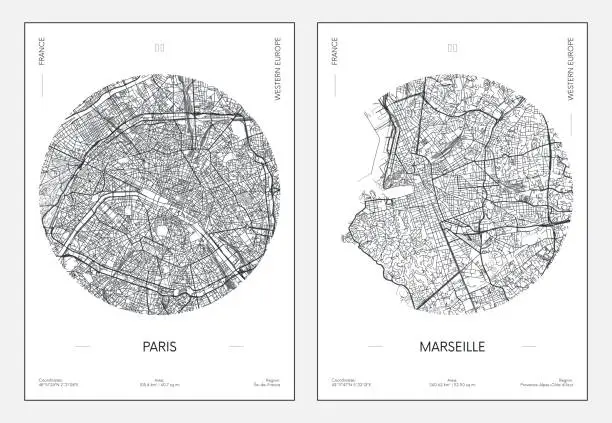 Vector illustration of Travel poster, urban street plan city map Paris and Marseille, vector illustration