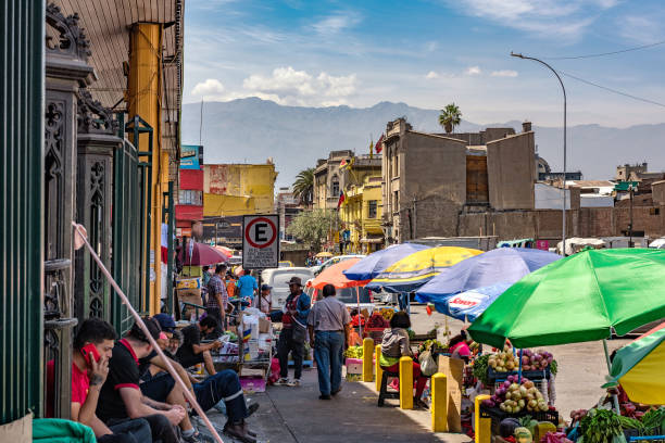 Street vendors and customers in central Santiago, Chile stock photo