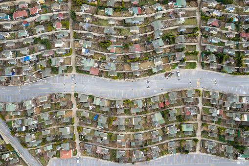 Scenic seasonal landscape from above aerial view of a small town