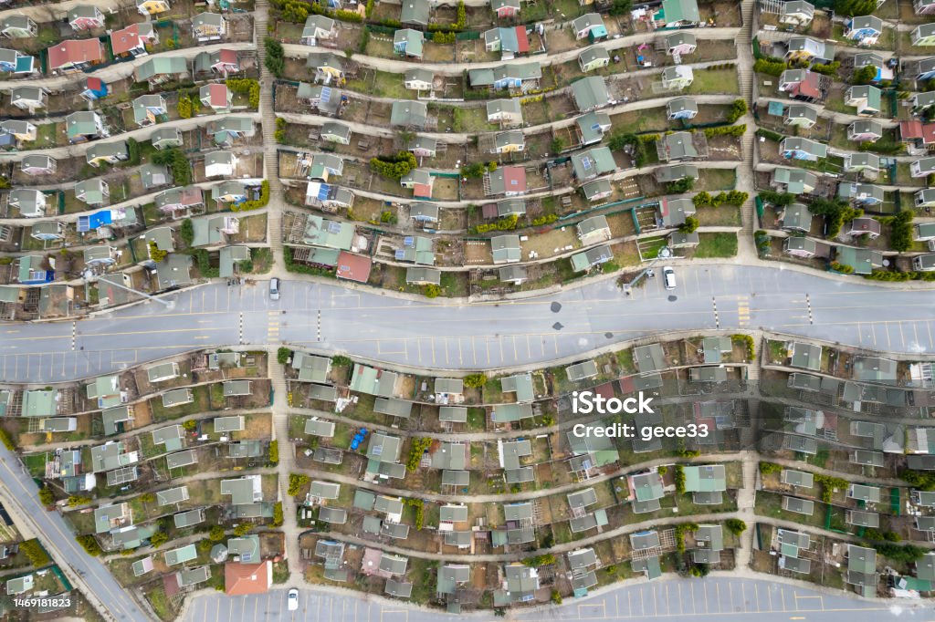 Scenic seasonal landscape from above aerial view of a small town Cleveland - Ohio Stock Photo