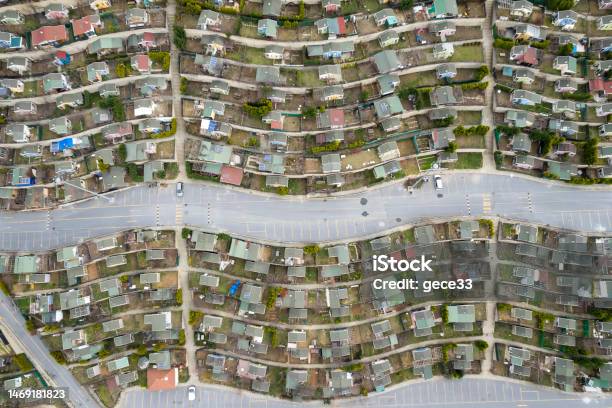 Scenic Seasonal Landscape From Above Aerial View Of A Small Town Stock Photo - Download Image Now