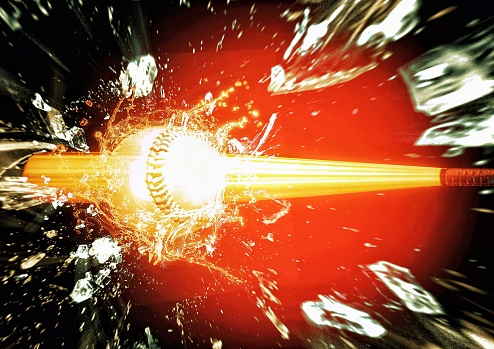 3d illustration composite explosion effect on baseball ball and bat colliding in sport concept