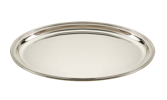 silver empty oval tray isolated over white