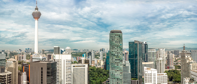 Kuala Lumpur, Malaysia - 22 February 2023: Panorama aerial view of Kuala Lumpur City Centre with tallest skyscrapper. Cityscape image of Kuala Lumpur