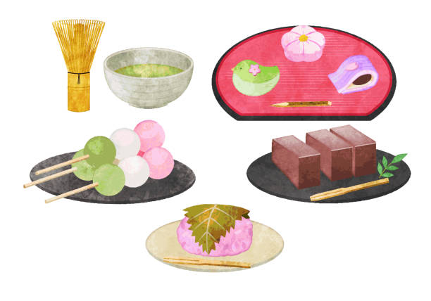 клипарт зеленого чая и японских конфет ручная роспись акварелью - wagashi stock illustrations