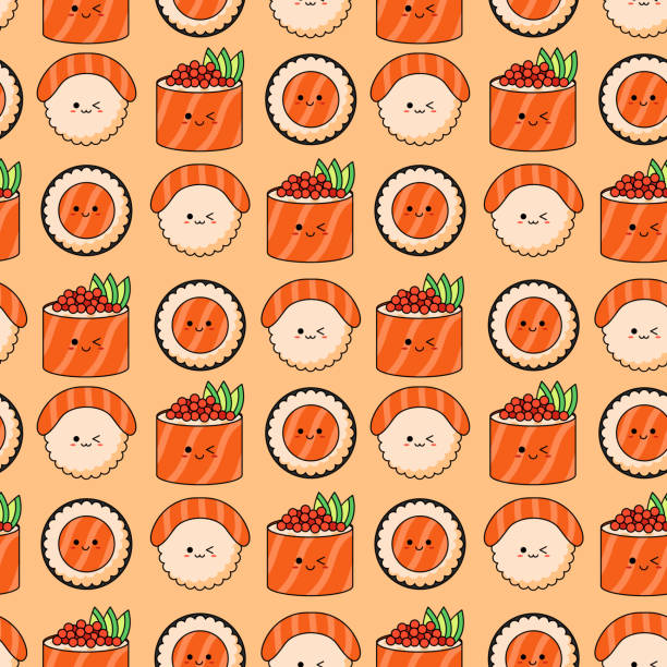 illustrazioni stock, clip art, cartoni animati e icone di tendenza di modello senza cuciture con vari sushi kawaii su sfondo arancione - temaki food sushi salmon