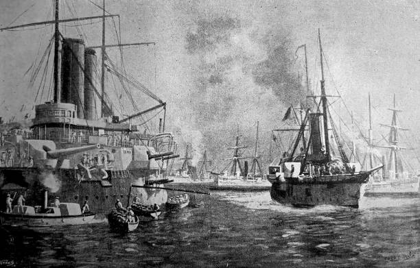 istock Antique illustration - military naval fleet awaiting orders to go into action - War with Spain 1898 1469187632