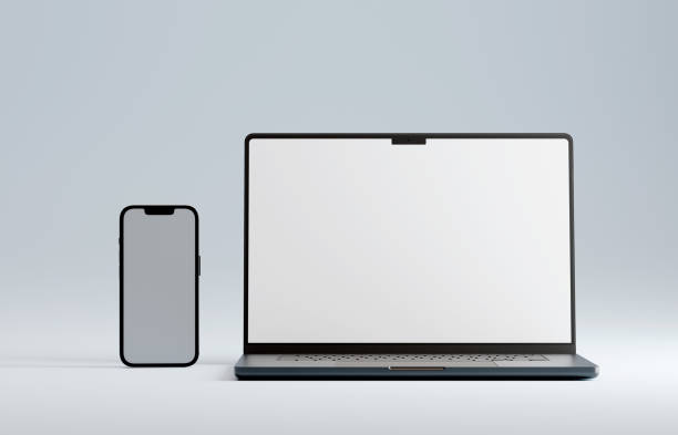 istock Mockup space gray premium brand smartphone and laptop, blank screen. Blue backdrop 1469188608